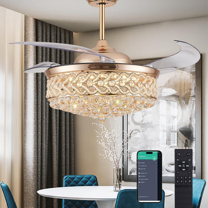 DuMaiWay 52" Dimmable Chandelier Ceiling Fan with Light, Modern Crystal Retractable Ceiling Fan with Remote and APP Control for Bedroom Dining Room Living Room 6 Speed Gold