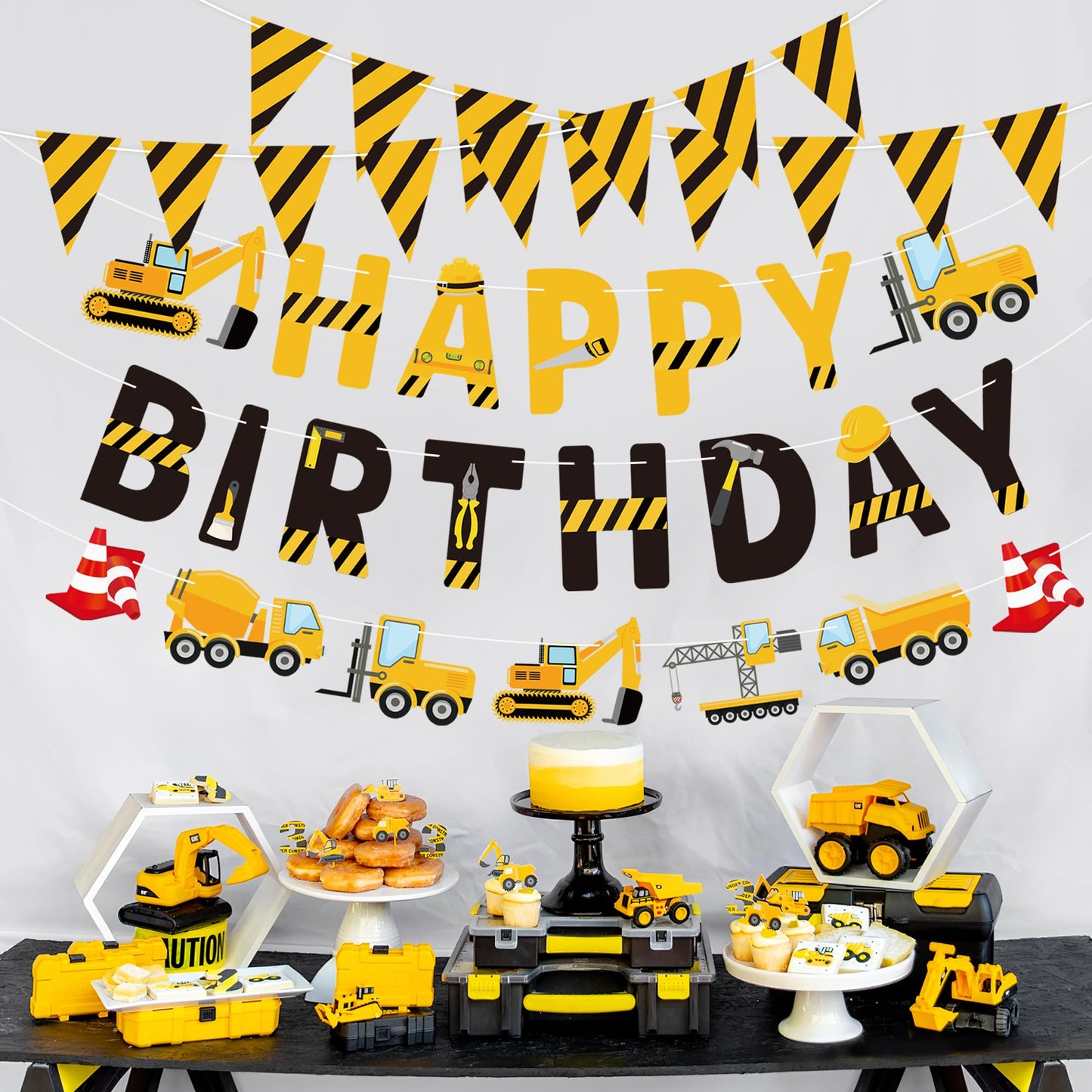Construction Birthday Banners Vehicle Truck Paper Garlands Construction Pennant Flags Bunting Banners Happy Birthday Party Decor for Boys Construction Theme Birthday Party Decorations, Set of 5