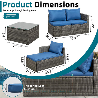 SUNLEI Small Outdoor Sofa Patio Furniture Set with Detachable Cushions, 3 PCS Patio Sectional Sofa with Coffee Table & 5 Position Adjustable,PE Rattan Patio Conversation Set, Silver Rattan/Royal Blue