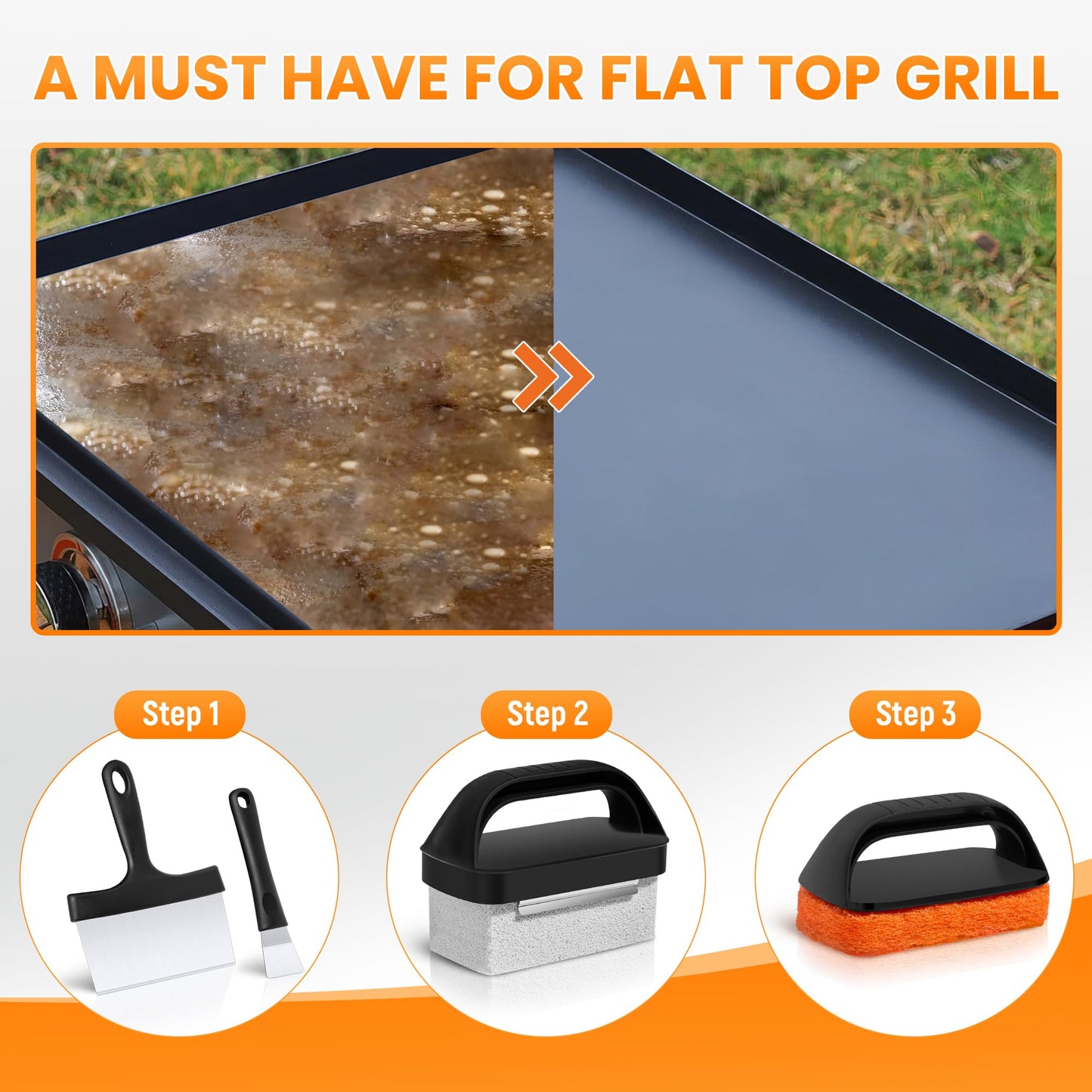 HE-SANQI Griddle Cleaning Kit for Blackstone, Flat Top Grill Cleaning Kit with Griddle Scraper, Grill Brick, Scouring Pads & Ergonomic Handles to Remove Grease, Burnt Residue (11 PCS)