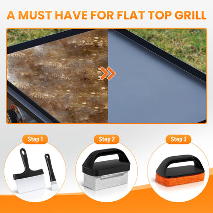 HE-SANQI Griddle Cleaning Kit for Blackstone, Flat Top Grill Cleaning Kit with Griddle Scraper, Grill Brick, Scouring Pads & Ergonomic Handles to Remove Grease, Burnt Residue (11 PCS)