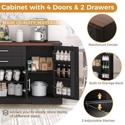 KEIKI 63" Farmhouse Barn Door Sideboard Buffet Cabinet with Storage – 2 Drawers, Adjustable Shelves, Door Rack, Kitchen Buffet, Large Sideboard Buffet Cabinet, Cabinet for Dishes, Black