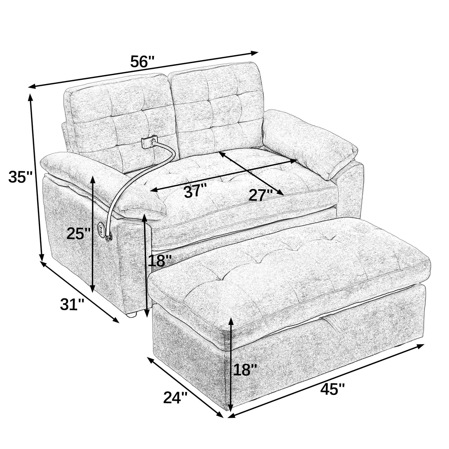 KEIKI 56" Oversized Chaise Lounge Chair Indoor with Storage Ottoman, USB Port &Phone Stand, Cloud Upholstered Chaise Lounge Recliner, Deep Seat Reading Couch Sofa Bed for Living Room Bedroom,Brown