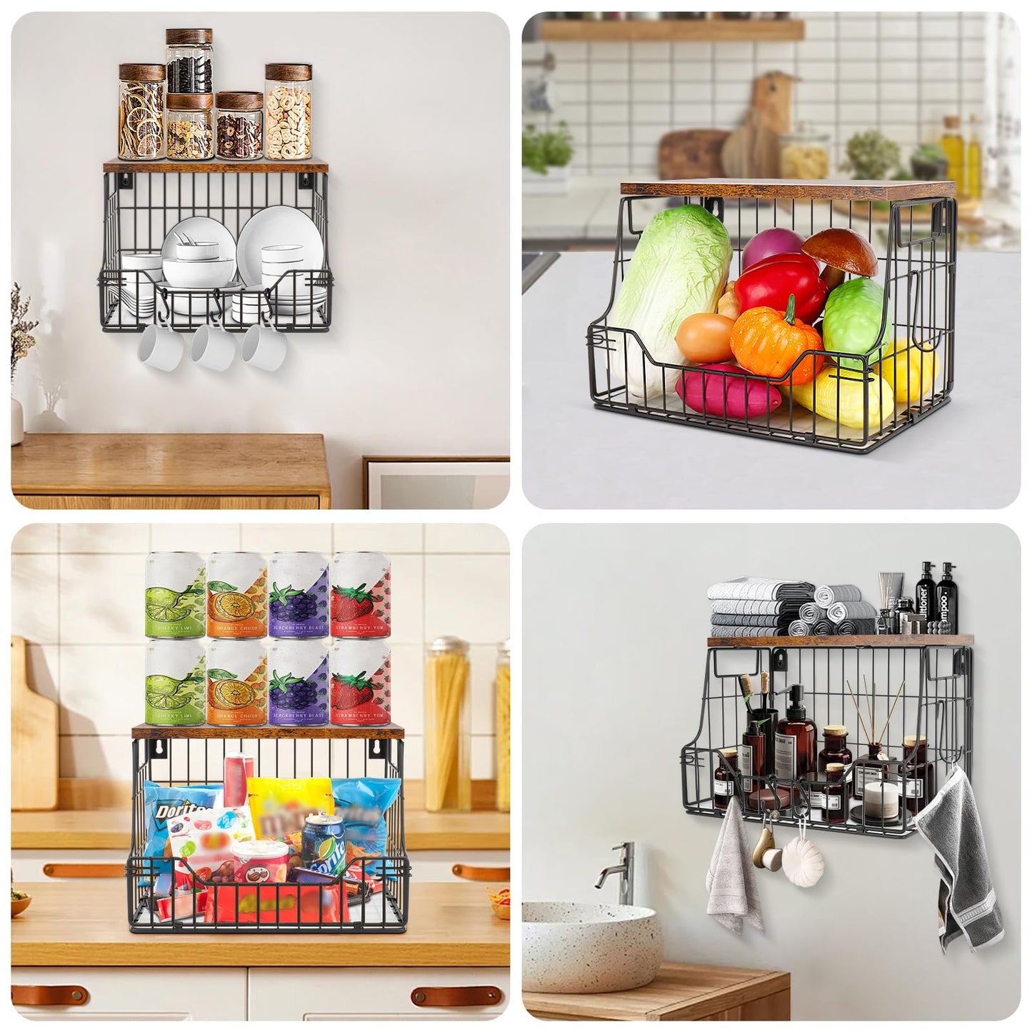 Livabber Fruit Basket for Kitchen, Metal Fruit Vegetable Storage Bin with 2 Banana Hangers, Countertop Wire Basket Organizer for Snack Potato Onion, Screw Mounted or Stand (Black, 1 Pack)