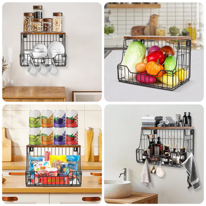 Livabber Fruit Basket for Kitchen, Metal Fruit Vegetable Storage Bin with 2 Banana Hangers, Countertop Wire Basket Organizer for Snack Potato Onion, Screw Mounted or Stand (Black, 1 Pack)