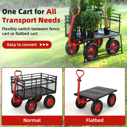 1400 LBS Steel Garden Yard Cart, Heavy-Duty Metal Garden Wagon Convertible 2-in-1 Handle and Removable Sides to Convert into Flatbed Lawn and Utility Wagons Cart