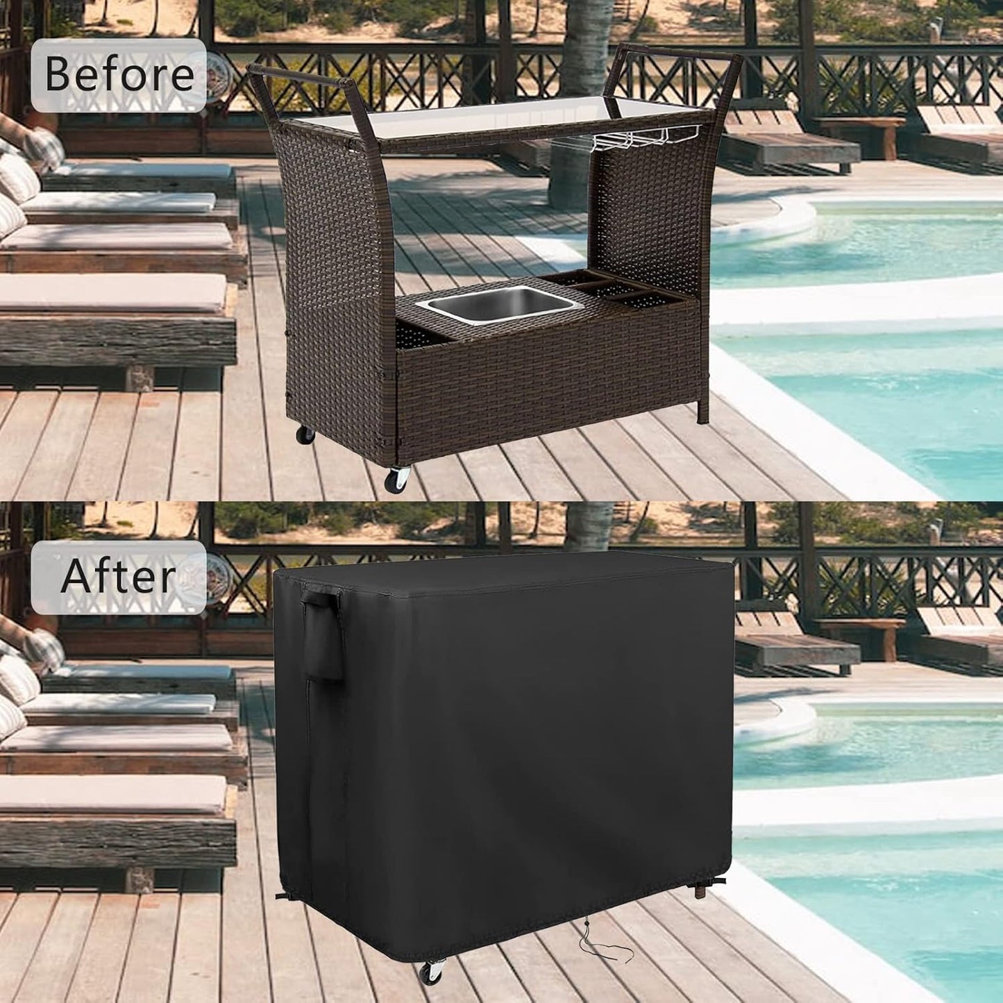 44 Inch 44''L 19''W 36''H(Black) Kingling Outdoor Table Cover for Wicker Bar Cart, Waterproof Patio Bar Table Cover
