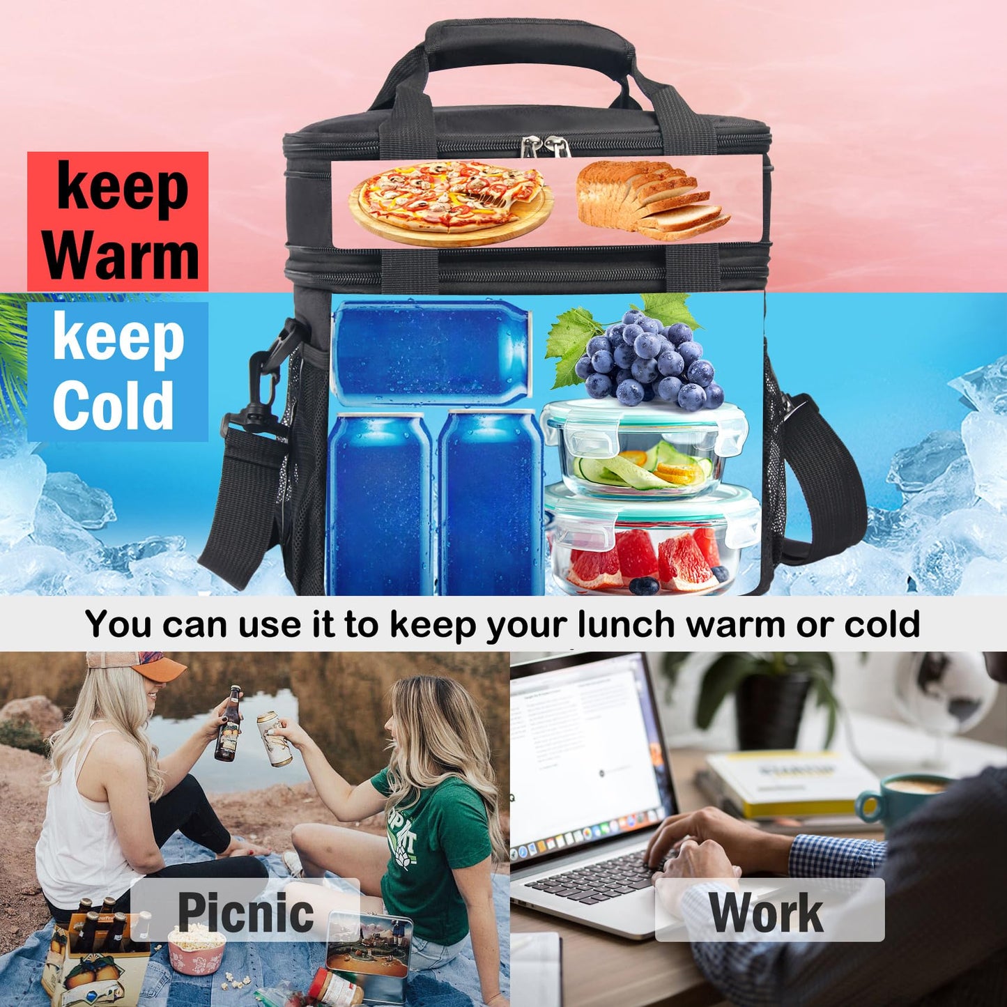 JOINGO Tactical Lunch Box for Men & Women – Expandable 16L Double Deck Insulated Cooler Bag for Work, Construction & 12-Hour Shifts – Heavy Duty Leakproof Large Meal Prep Tote with Shoulder Strap