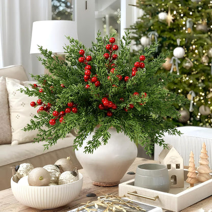 60 12.9" Waipfaru Pcs Christmas Artificial Pine Branches, Faux Evergreen Norfolk Pine with Red Berry Stems, Greenery