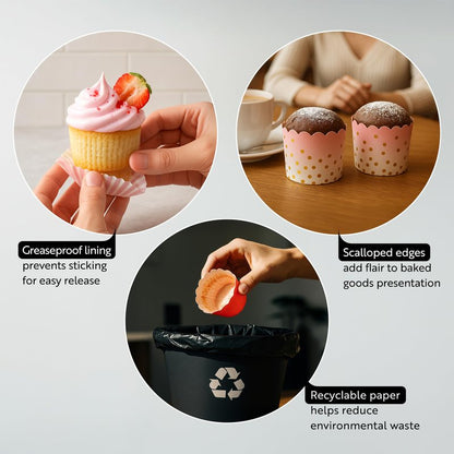 Restaurantware Panificio 4.5 Ounce Baking Cups 500 Disposable Paper Baking Cups - Greaseproof Oven-Ready Pink Paper Muffin Liners Microwavable Gold Rimmed Design