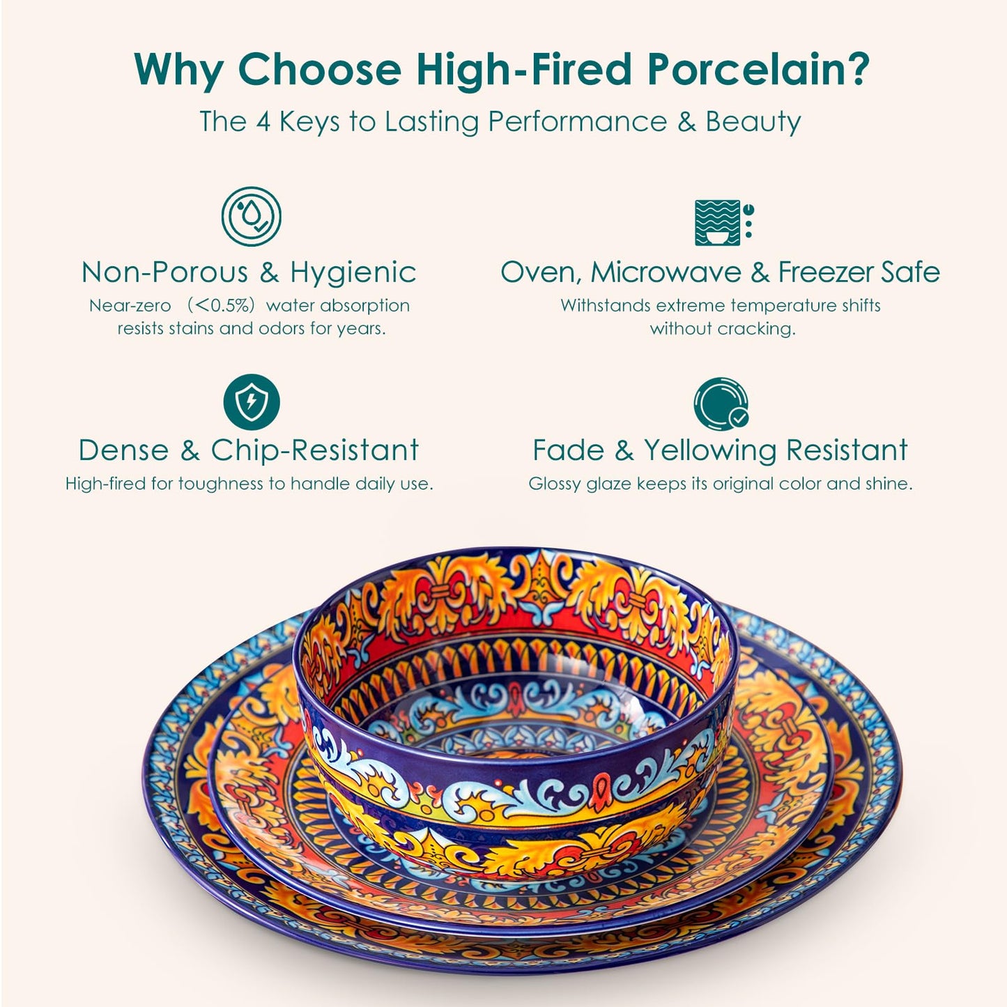 vancasso Plates and Bowls Sets,12-Piece Porcelain Dinnerware Set Service for 4, Bohemian Style Dishes Set for 4, Kitchen Dinner Set, Microwave and Dishwasher Safe, Scratch Resistant, Series KRVI