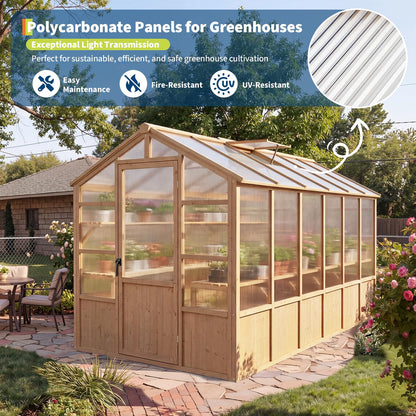 GarveeLife 6'x12' Wooden Greenhouse for Outdoor, Large Walk-in Greenhouse Kit with Ventilated Window, Door & Polycarbonate Panels, Heavy Duty Wood Frame Green House for Patio Garden Backyard