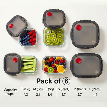 Clutterix Borosilicate Glass Airtight Food Storage Containers with Vented Lids, Assorted Set of 6 (3 Rectangular & 3 Square)