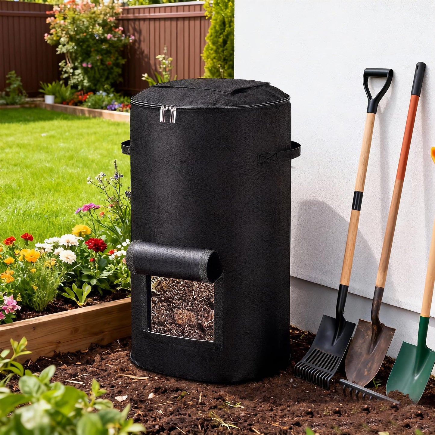 Compost Bins Outdoor with Observation Windows, 34 Gallon Reusable Home Compost Bucket for Outside Garden, Backyard, Heavy Duty Nonwoven Fabric Yard Waste Bag (1 Pack, Black)