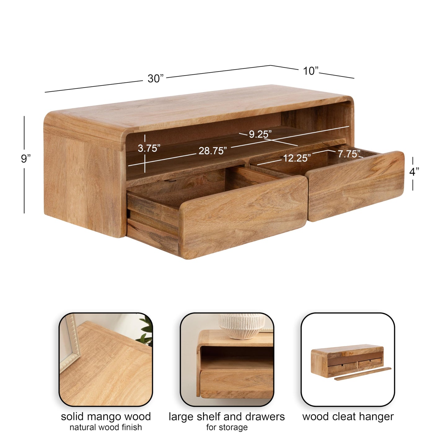 Kate and Laurel Kato Modern Floating Console Table for Entryway, 30 x 10 x 9, Natural Wood, Decorative Transitional Floating Entryway Table with Storage Drawers for Living Room Storage Wall Shelf