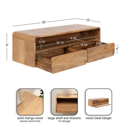Kate and Laurel Kato Modern Floating Console Table for Entryway, 30 x 10 x 9, Natural Wood, Decorative Transitional Floating Entryway Table with Storage Drawers for Living Room Storage Wall Shelf