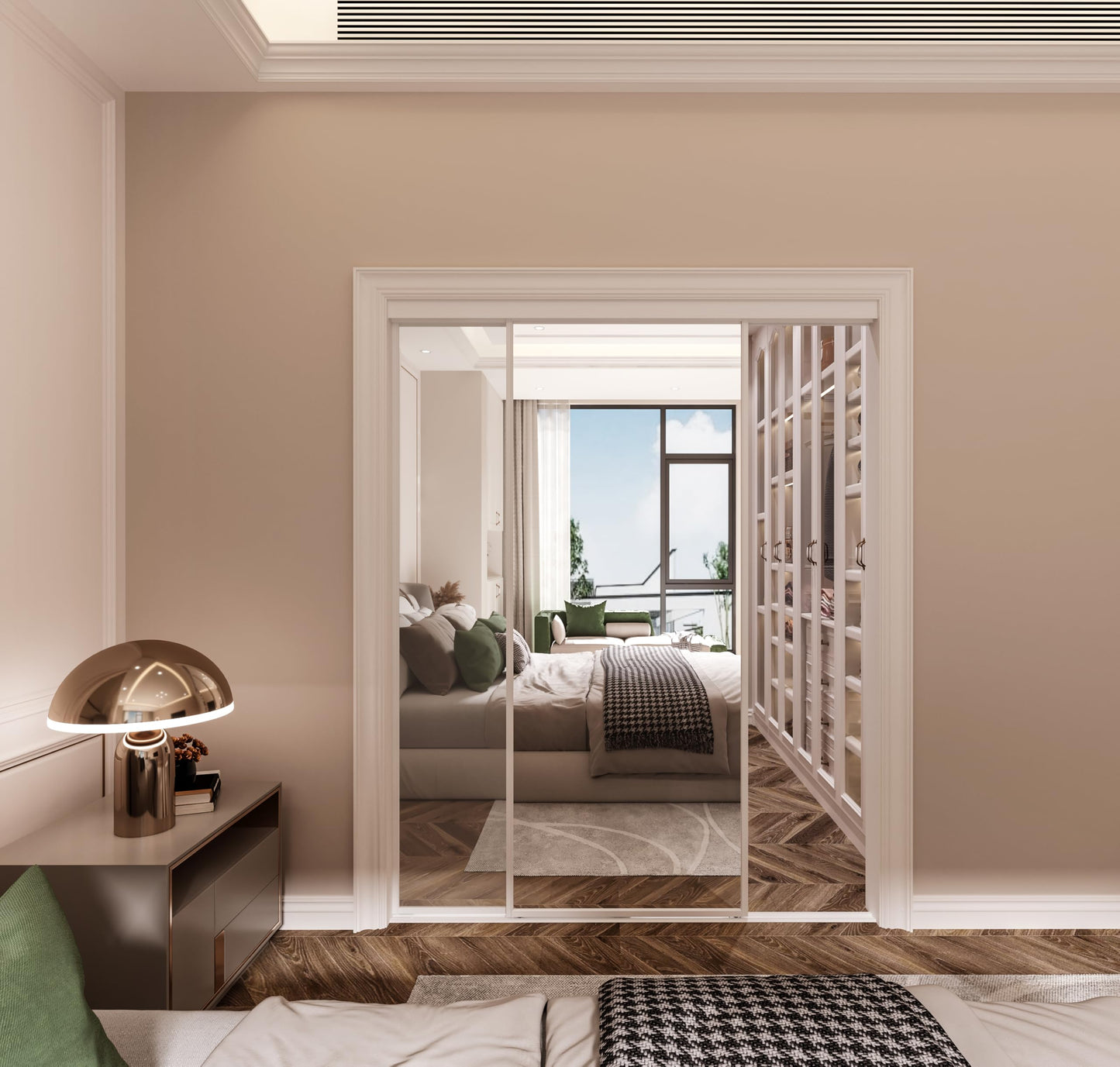 48 in. x 80 in. Mirror White Steel Frame Interior Closet Sliding Door with White Trim and Hardware Kit