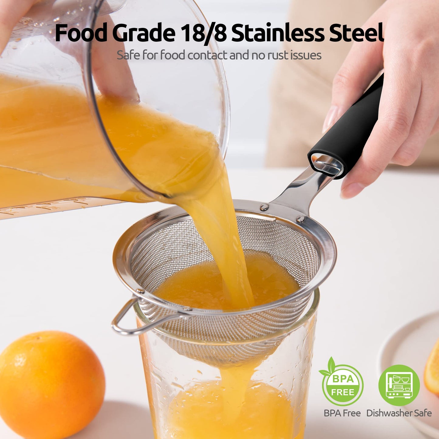 18/8 Stainless Steel Mesh Strainer: U-Taste 3.9 Inch Kitchen Fine Mesh Sieve Food Colander with Riveted Sturdy Silicone Handle and 30 Mesh Hole for Straining Flour, Quinoa, Tea, Juice (Black)
