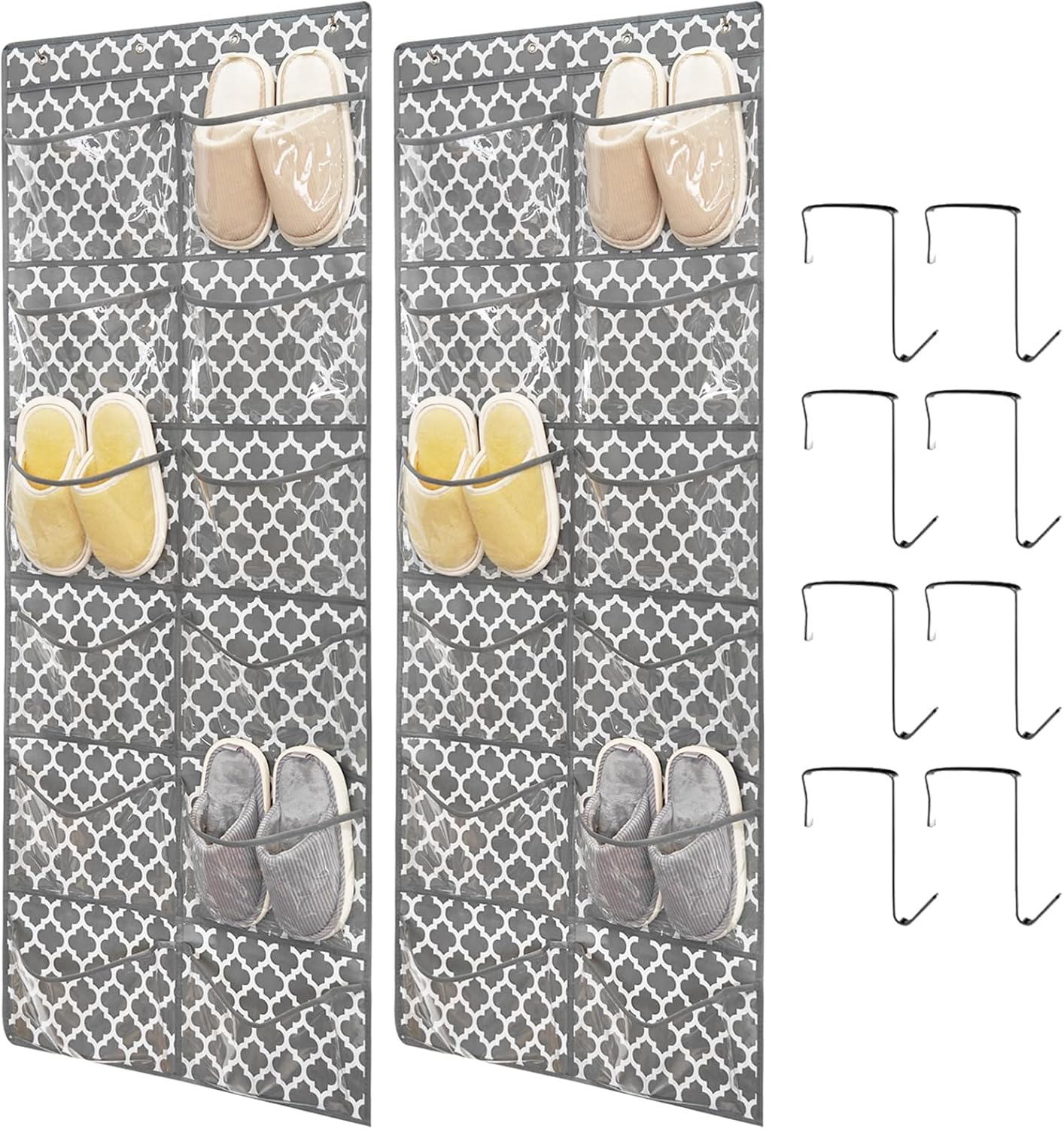 Clear Crystal 2 Pack 12 Pockets Large Hanging Shoe Organizer Over The Door Rack for Closet Door Storage, 8 Hooks, White