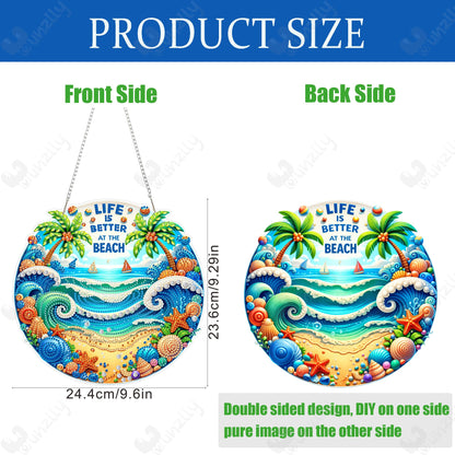 Yunzlly DIY Hanging Diamond Art Pendant Kit, Special Crystal Double Sided Diamonds Painting Ornament Kit for Adults, Acrylic Gem Painting Board for Window&Door&Wall (Beach)