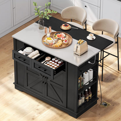 DWVO Kitchen Island w Stainless Steel Top Drop Leaf Bar Seating Power Outlet, 47" Portable Rolling Mobile Center Islands w Folding Dropleaf Storage Drawer Cabinet Wheel Counter Height Metal Top, Black