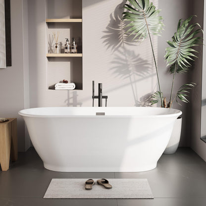 GarveeLife 59 Inch Freestanding Bath Tub Acrylic Oval Soaking Tub – Extra Large Freestanding Bathtub for Modern Bathroom Remodel, Integrated Overflow, Glossy White Finish