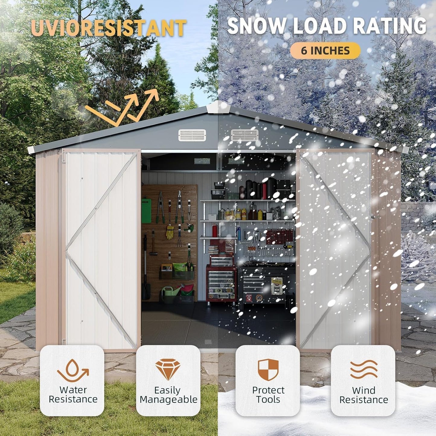 Aoxun 10x8 FT Shed with Floor Heavy-Duty Galvanized Steel Outdoor Storage Shed with Double Doors, Ventilated Weatherproof Design for Bike/Generator/Tool Organization (Brown with Floor)