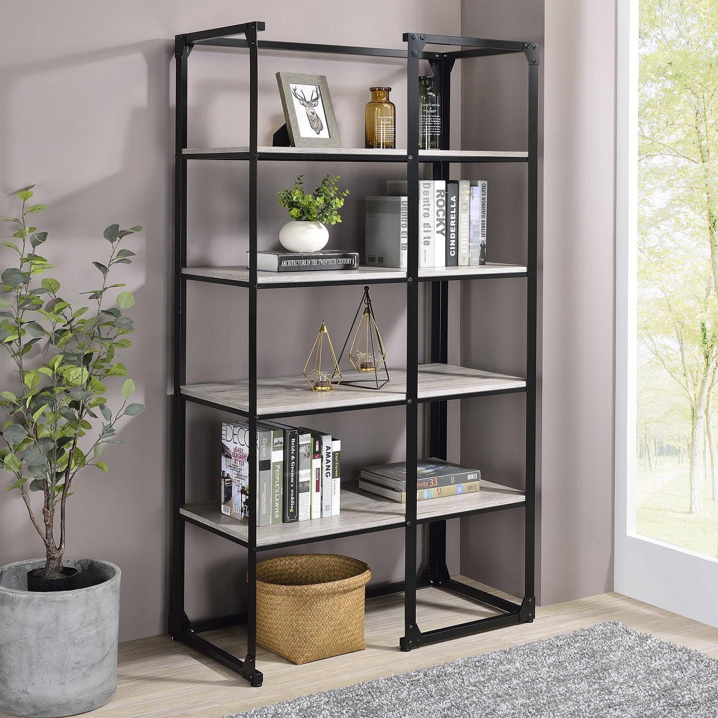 24/7 Shop at Home Adair Industrial Metal Open Back Bookcase with 4 Shelves for Living Room, Home Office, Bedroom, Black and Light Gray