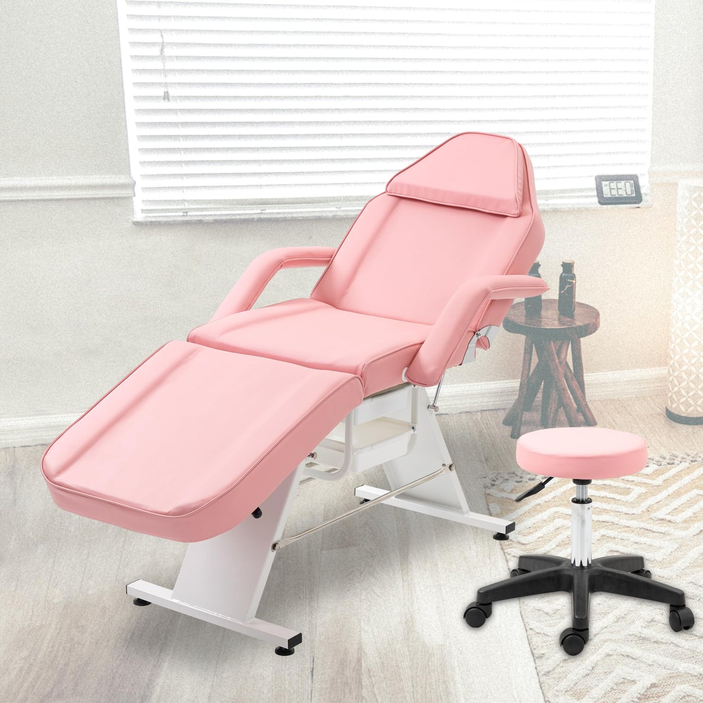 hereyova Massage Salon Chair with Two Trays Esthetician Bed with Hydraulic Stool,Multi-Purpose 3-Section Facial Bed Table, Adjustable Beauty Barber Spa Beauty Equipment, Pink