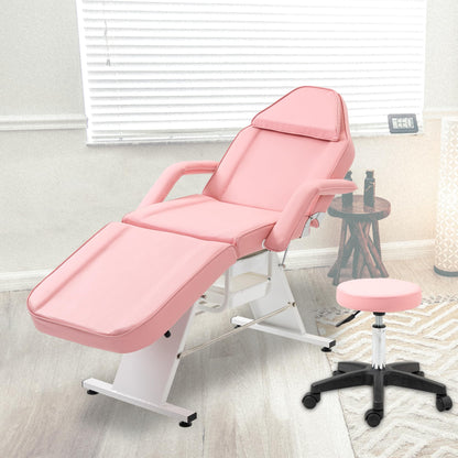 hereyova Massage Salon Chair with Two Trays Esthetician Bed with Hydraulic Stool,Multi-Purpose 3-Section Facial Bed Table, Adjustable Beauty Barber Spa Beauty Equipment, Pink