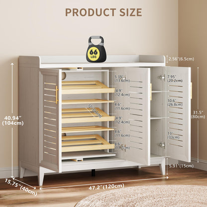 Vlsrka 6 Tier Shoe Storage Cabinet with Shutter Doors and Adjustable Shelves, Rotating Shoe Organizer Cabinet with Human Sensor Lighting, Wooden Shoe Cabinet for Entryway, Hallway, Living Room, White