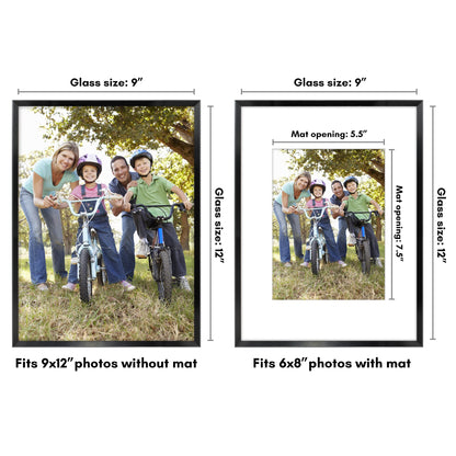 Americanflat 9x12 Metal Picture Frame with Tempered Glass - Use as 6x8 Frame with Mat or Display 9x12 Photo Without Mat - Brooklyn Collection - Picture Frames for Tabletop or Wall - Black