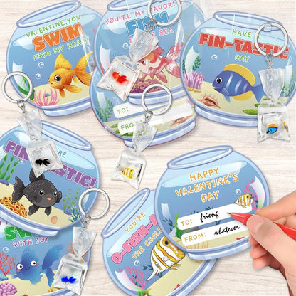 Valentines Day Cards for Kids School, 24 Pack Valentine's Day Gifts for Kids with Resin Fish Charms Classroom Exchange Gifts, 3D Fish Water Bag Charms Valentine Party Favors Prizes for Boys & Girls