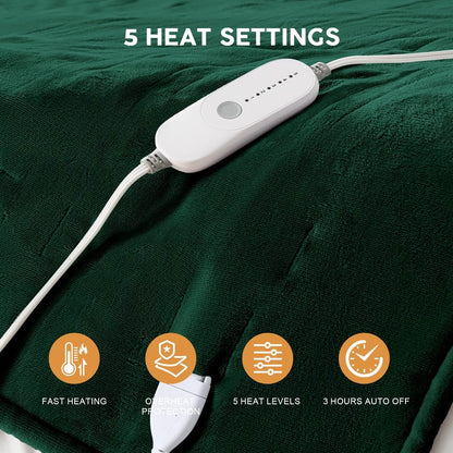 HYLEORY Heated Electric Blanket Queen 84"x90" Soft Fleece & Flannel with 5 Heating Levels & 10 Hours Timer Auto Shutt Off, ETL Certified, Washable，Heated Blanket for Body-Dark Green