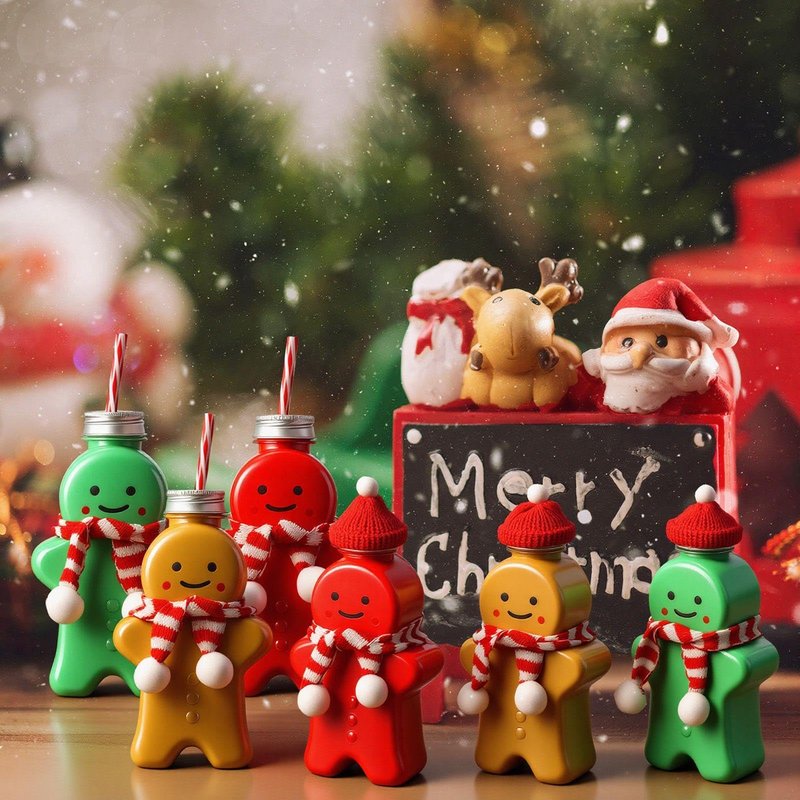 Baderke Christmas Plastic Bottles with Straws Set Including Reusable Drink Empty Bottles Straws and Caps for Christmas Party Milk Juicing Drinking