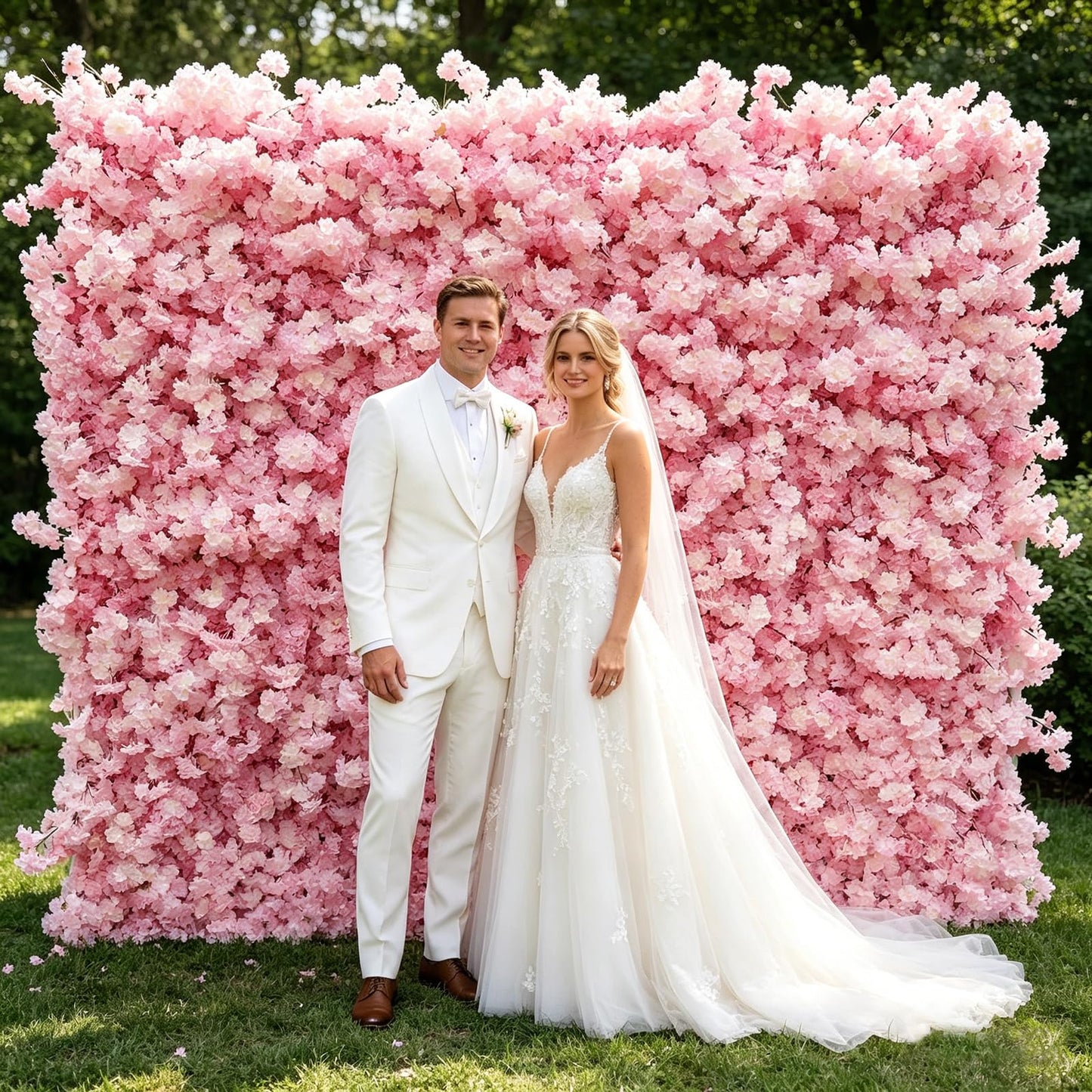 Artificial Flower Wall Backdrop, 5D Silk Cherry Blossom Pink Floral Backdrop, Floral Photo Backdrop for Wedding Valentine's Day Photography Event Party Decoration, Quick Assembly Storage (Pink)