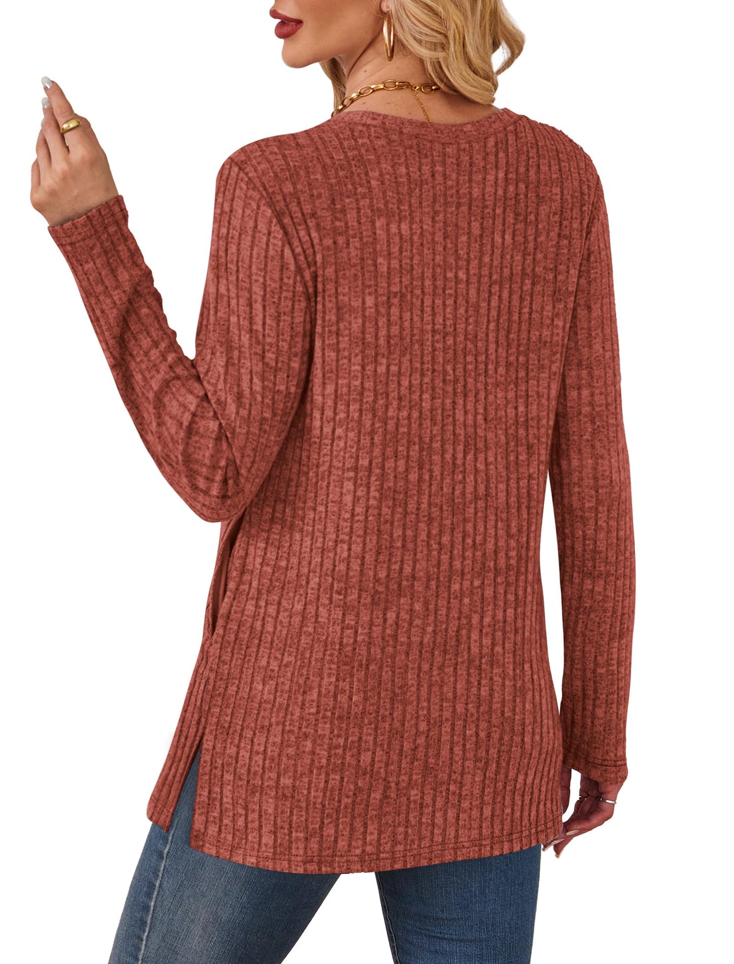 SAMPEEL Womens Sweaters Crewneck Long Sleeve Shirts with Pockets Fall Outfits 2025 Fashion Winter Clothing Side Slit