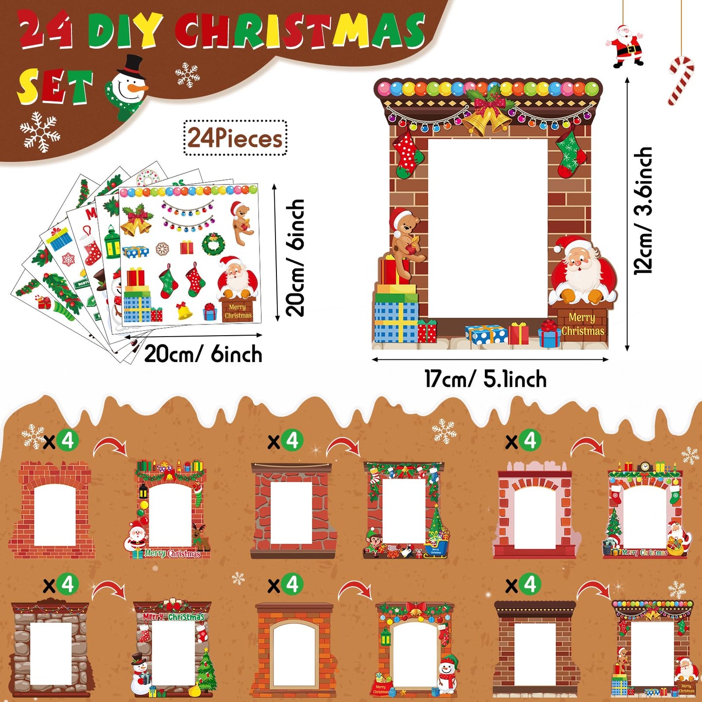 Capoda 24 Pack Christmas Picture Frame Craft Kits DIY Fireplace Christmas Photo Frame Craft Ornaments Xmas Picture Frame Holiday Craft Activities for Photo Ornament Craft Christmas Tree Decor