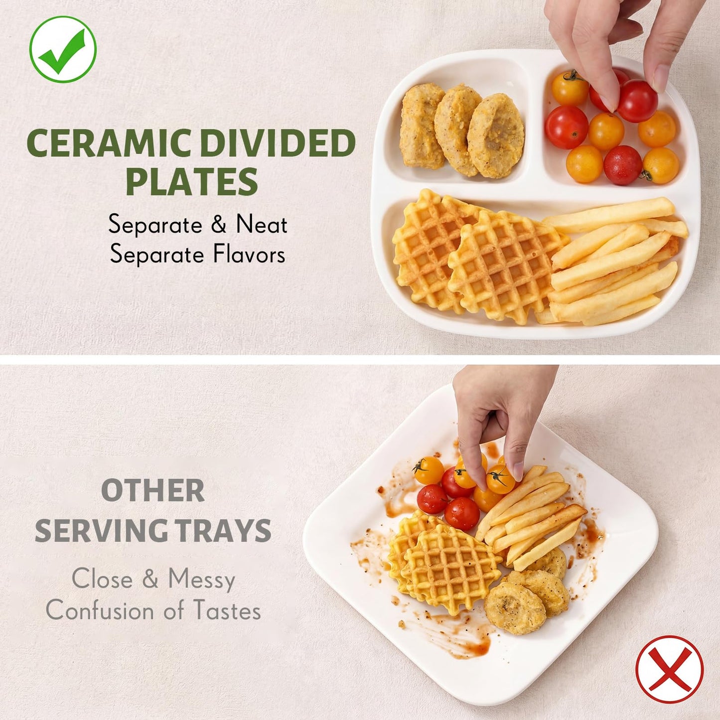 Lounsweer 4 Pack 8.58" Portion Control Plates White Rectangle Ceramic Porcelain Divided Plates Set for Rational Eating Healthy Diet Dinner 3 Compartment for Adults Microwave Dishwasher Safe