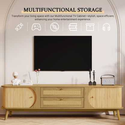 Merax Rattan TV Stand for TVs up to 75", Modern Farmhouse Media Console with Multi-Functional Storage, Boho Entertainment Center with Solid Wood Legs, Television Cabinet for Living Room, Natural+Wood