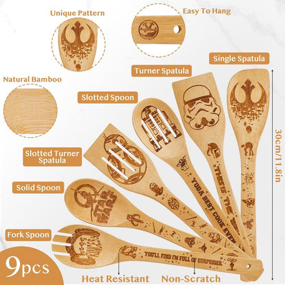 Star Gifts for Women,Home Decor,Kitchen Utensils Set,Wooden Cooking Spoons with Apron Oven Mitt Potholder for Fans,Best Birthday Wedding and Housewarming Christmas Presents 9 pcs