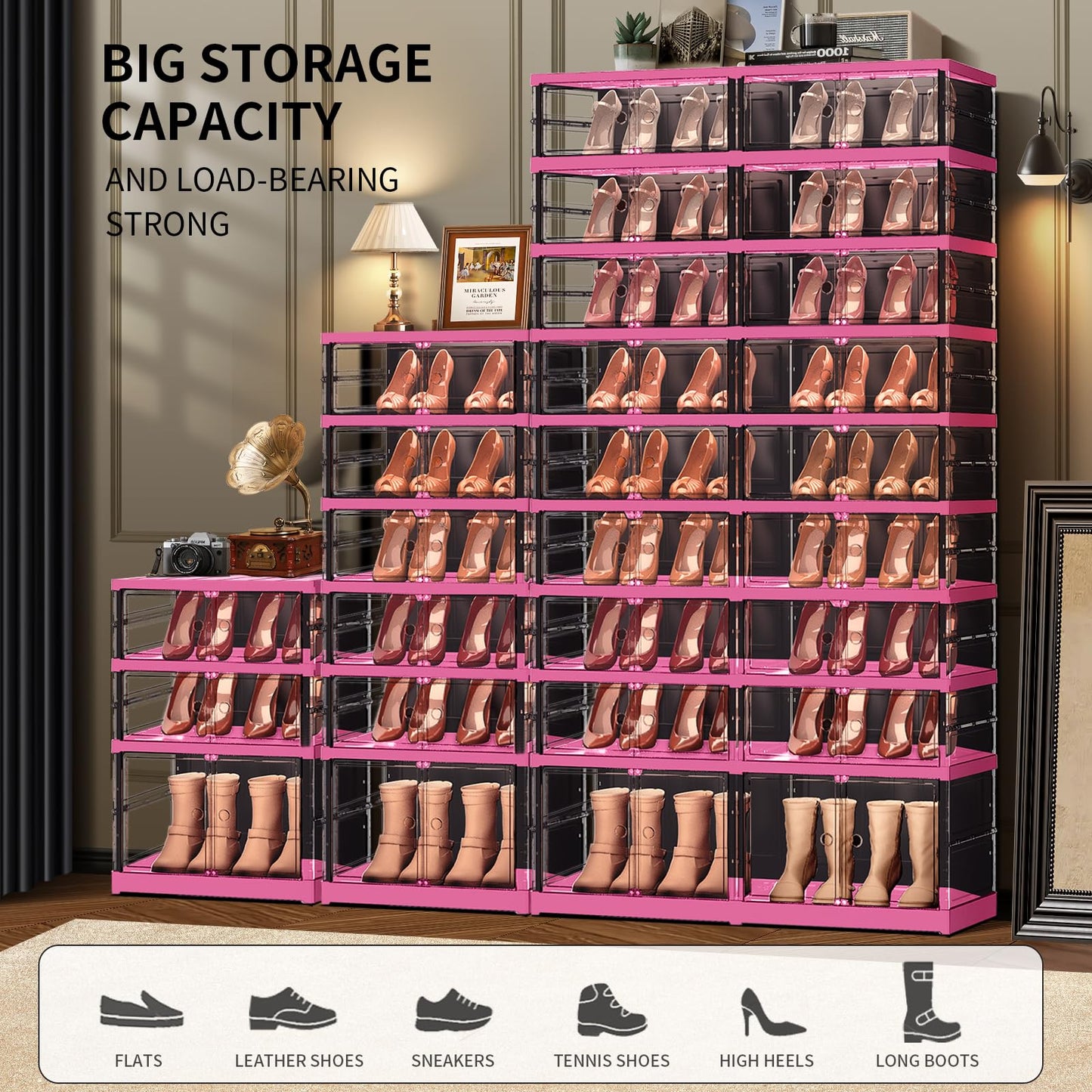 CIMLORD 9 Tier 18-36 PairsFoldable Shoe Rack for Closet Entryway,9-Tier Foldable Shoe Rack for Closet Entryway 18-36Pairs, Stackable Clear Shoe Storage Boxes Organizer with Door Plastic Shoe Cabinet