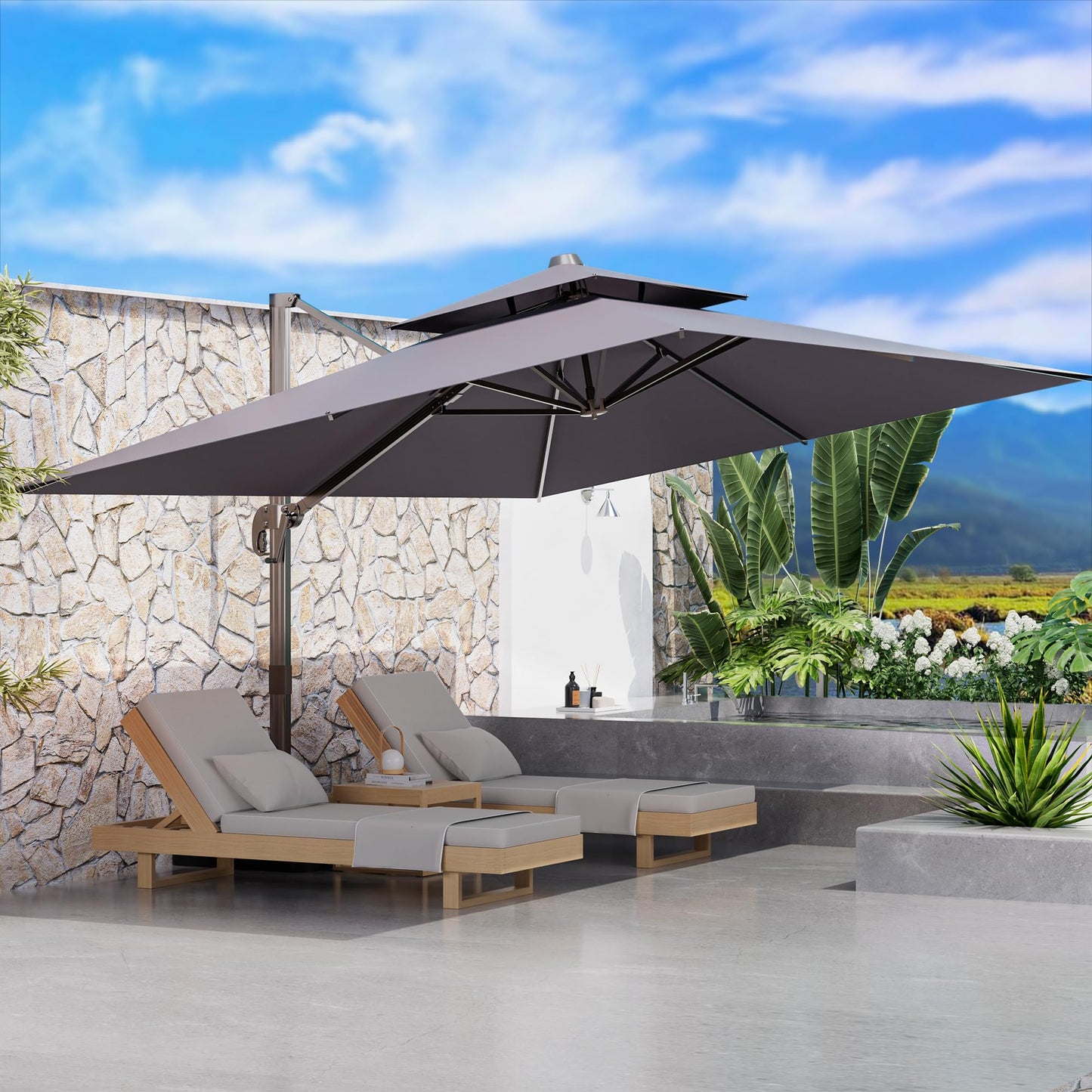 ORYNTREX 9' X 12' Cantilever Outdoor Patio Umbrellas Double Top Large Rectangle Umbrella Heavy Duty 360°Rotation Offset Umbrella for Garden Deck Pool Patio,Grey