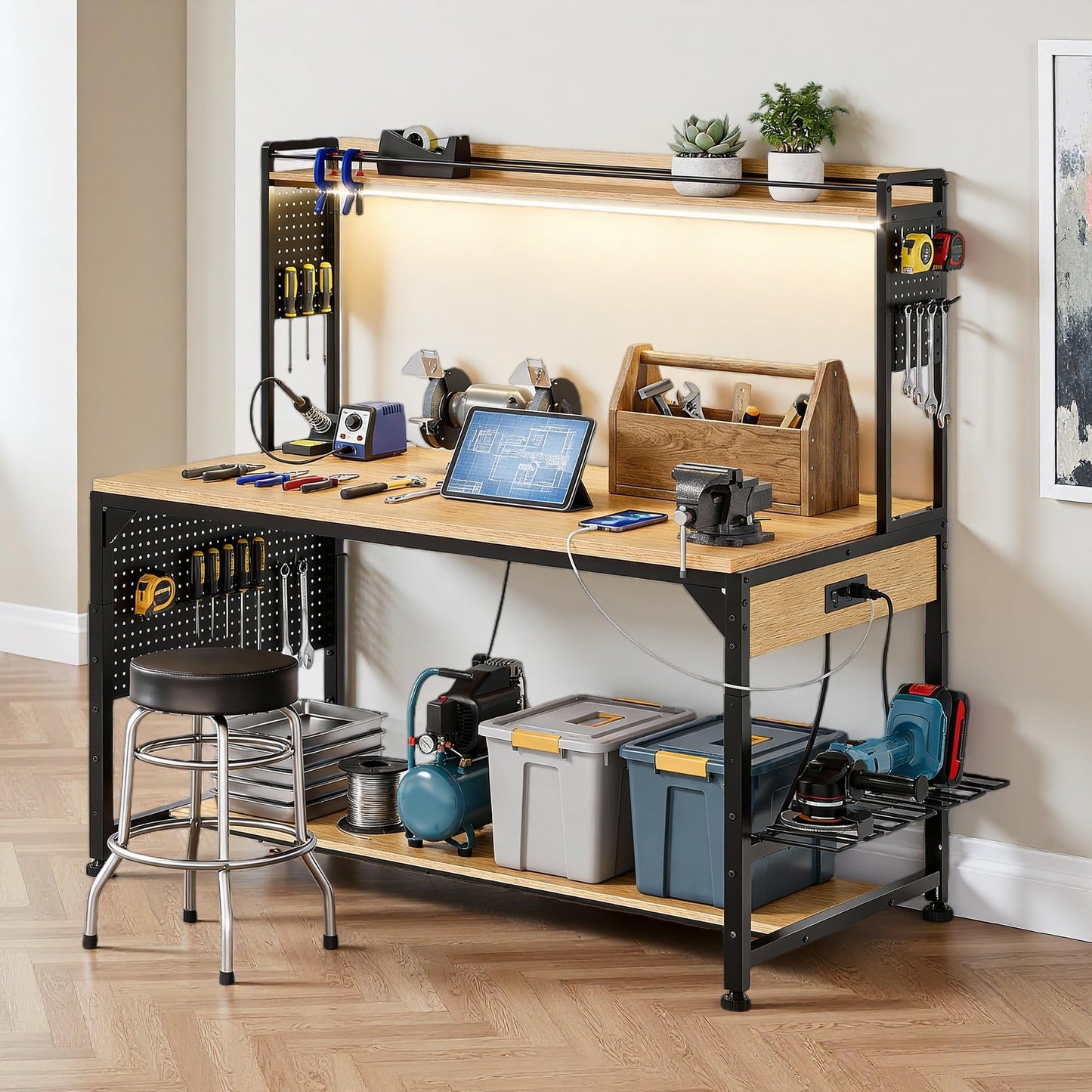 DWVO 59in Large Adjustable Height Workbench with Pegboard & LED Light, 1100lbs Load Heavy Duty Work Bench on Wheels. 59"x31" Work Table for Garage, Workshop, with AC/USB Outlet, Storage Shelf, Hooks
