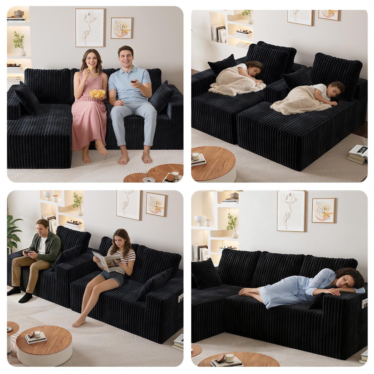 94" Sectional Couches for Living Room, Modular Sectional Sofa with L-Shape Chaise, Cloud Couch, Comfy Flannel Fluffy Couch with Pillows and Side Pockets NoAssembly (Black, Left Facing Chaise-96-inch)