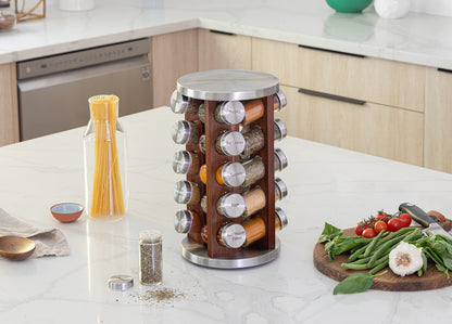 Orii 20 Jar Rotating Dark Acacia Wood Spice Rack with Spices Included & 5-Year Spice Refill Program – Rustic Wood Countertop Spice Rack with Glass Jars