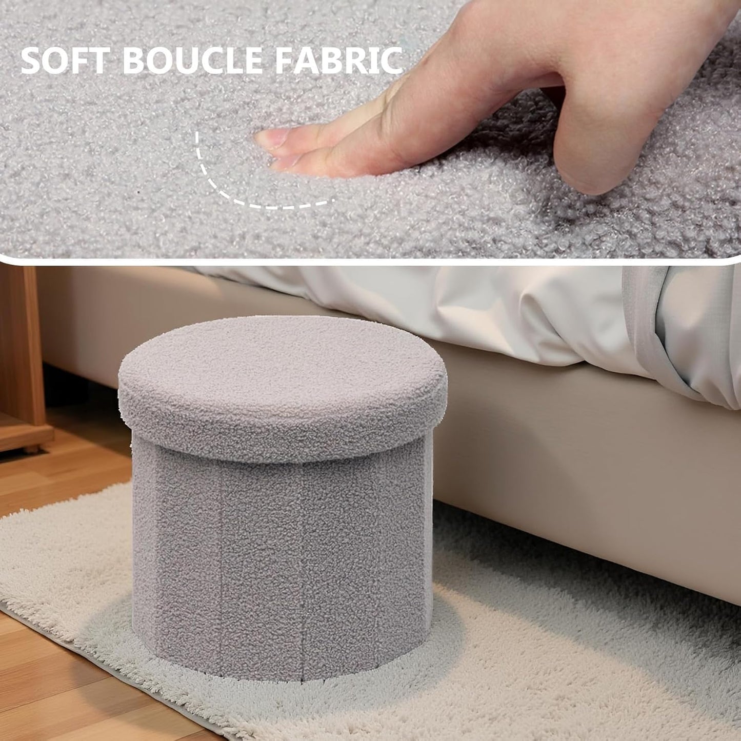 15" Round Storage Ottoman, Foldable Foot Stool with Hidden Storage&Folding Ottoman for Living Room Bedroom, Portable