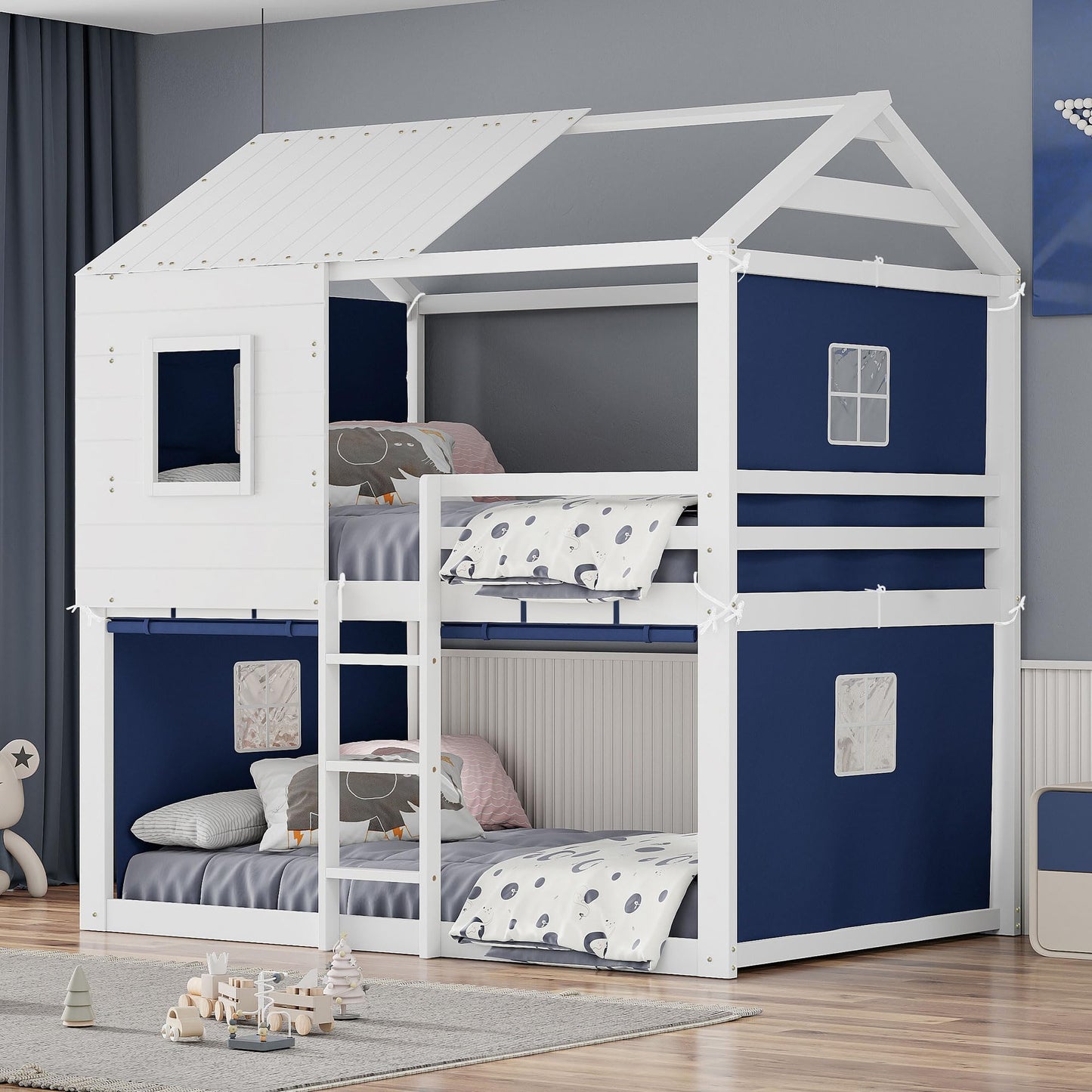 Full Over Full Bunk Bed with Tent, Wood Full Size House Bed Frame, Blue+White