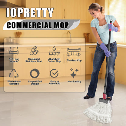 IOPRETTY Commercial Mops for Floor Cleaning - Looped-End Heavy Duty Wet Mop with Long Handle for Hardwood Wood Tile Vinyl - Reusable Cotton Head for Home Garage Kichen Bathroom