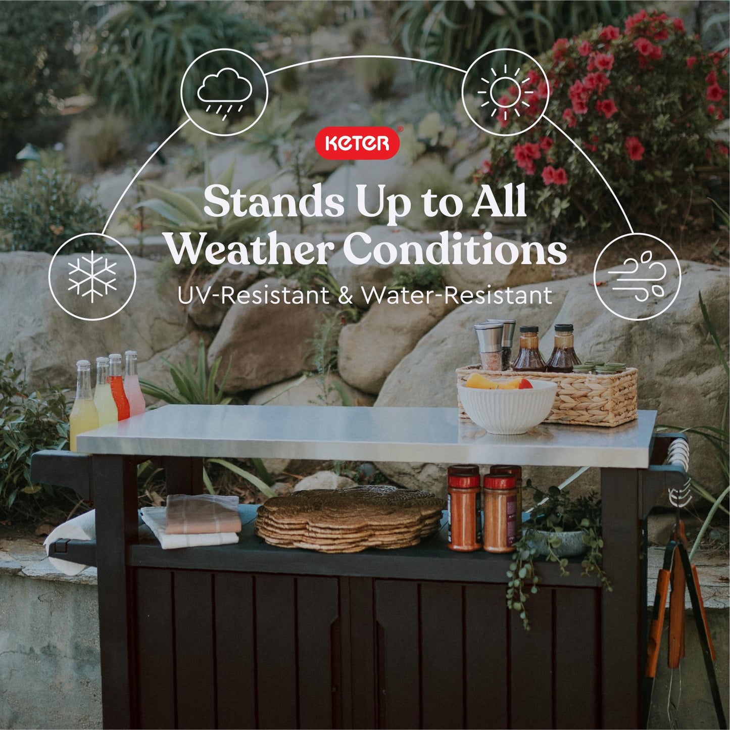 Keter Outdoor Rolling Table Cart for Food Prep, Storage, Bar & Grill, Dark Brown - Portable Kitchen Island Tabletop with Wheels for Drinks, Snacks, and Cooking